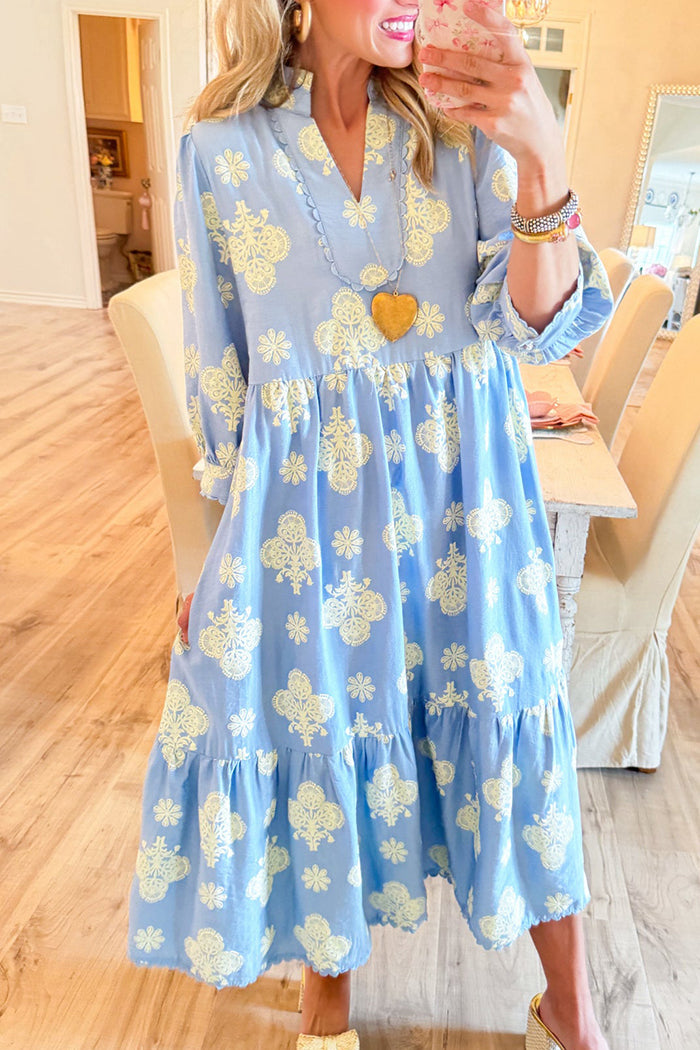 Blue Scallop Hem Midi Dress