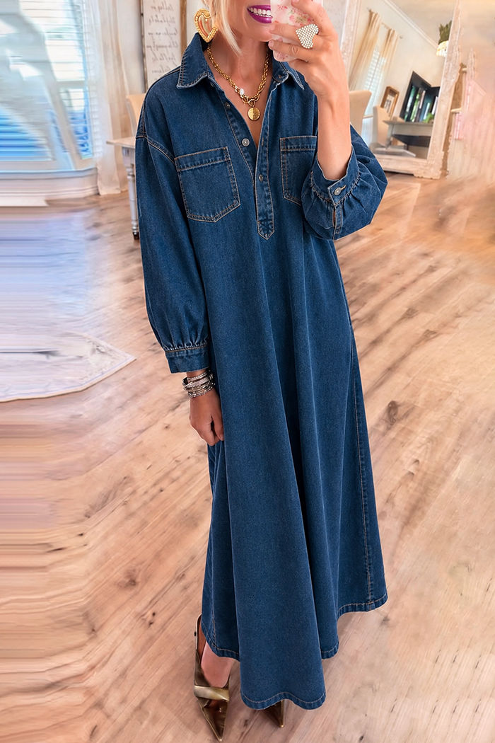 Chest Patch Pockets Denim Maxi Dress