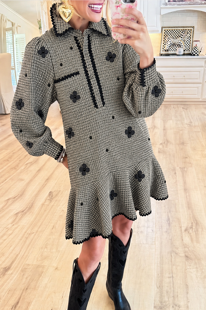 Tweed Collared Flower Ruffle Hem Pockets Dress