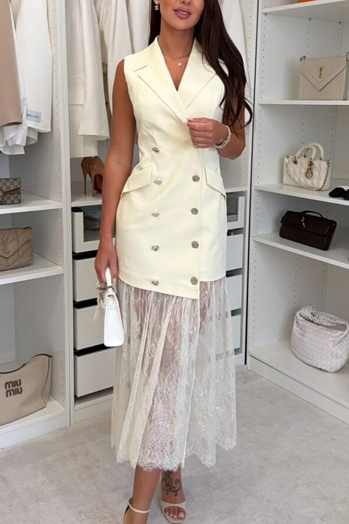 Pocketed Double Breasted Lace Dress
