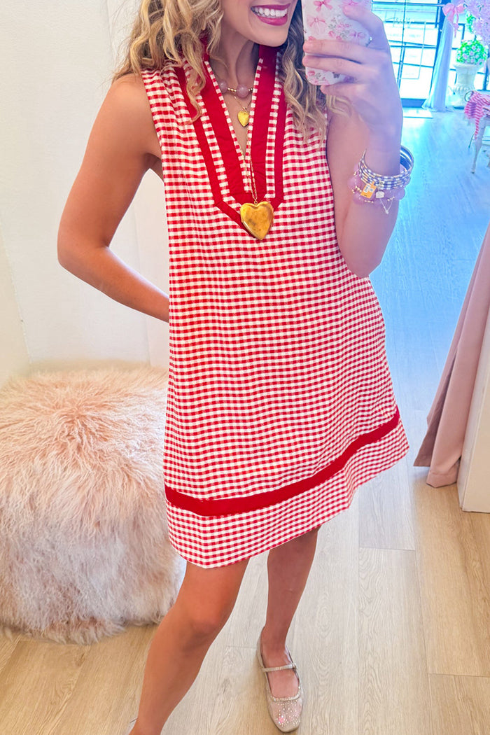 Red Gingham Contrast Sleeveless Pocket Dress