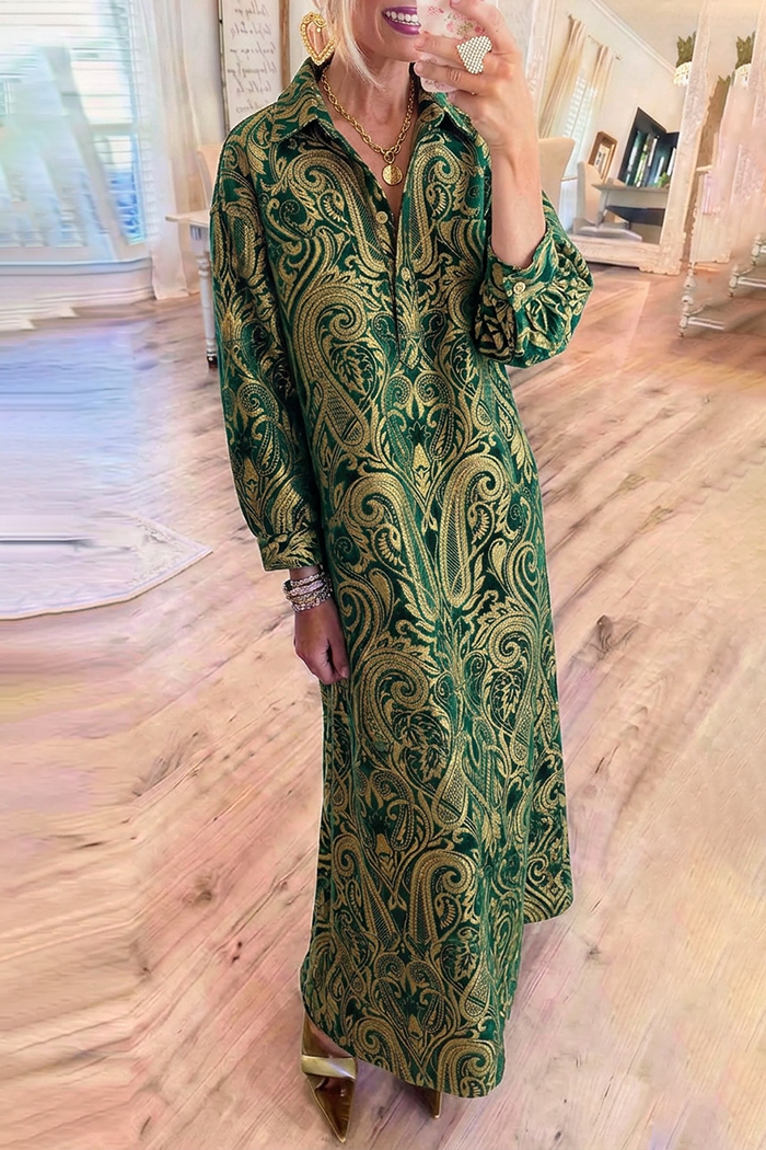 Collared Metallic Paisley Long Sleeve Maxi Dress