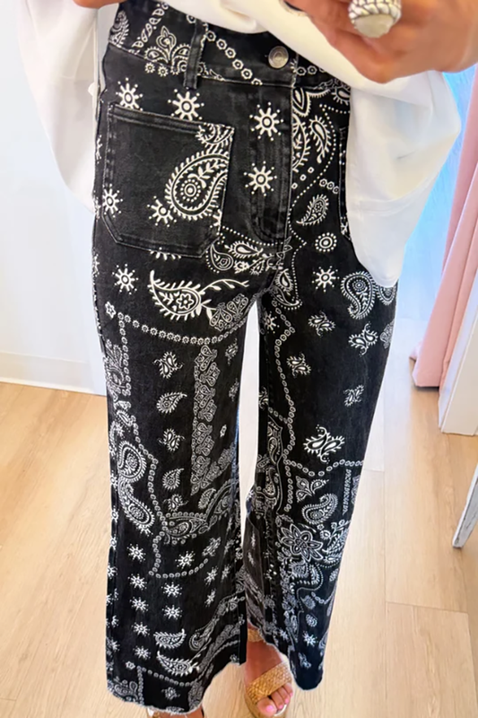 Black Paisley Cropped Wise Leg Pants