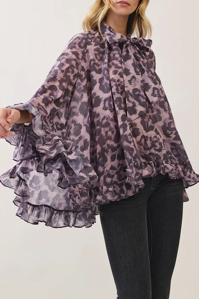 Leopard Ruffle Tie Neck Top