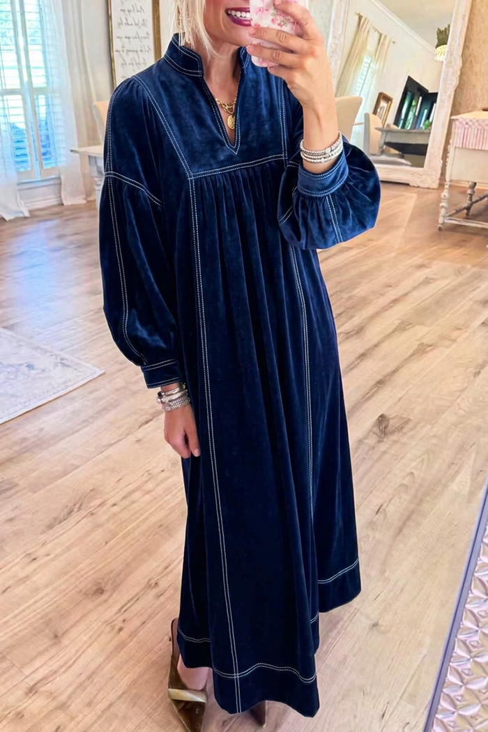 Velvet Stand Collar Contrast Stitching Balloon Sleeves Pockets Maxi Dress
