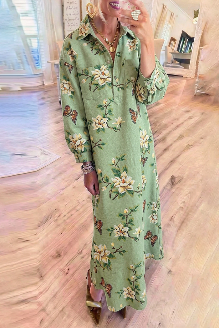 Green Denim Henley Neck Chest Pockets Floral Butterfly Maxi Dress