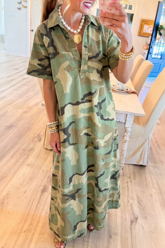 Camo Collar Raglan Sleeve Maxi Dress