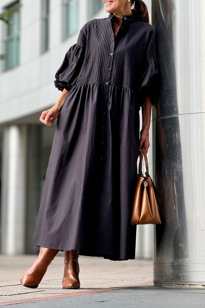 Puff-Sleeve Button-Front Pocket Midi Dress
