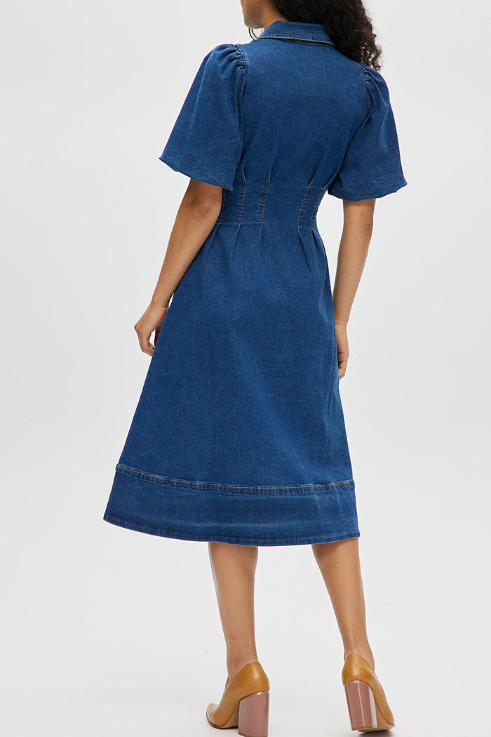 Puff Sleeve Pocketed Waisted Denim Shirt Dress