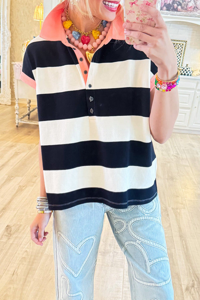 Contrast Stripe Collared Short Sleeve Top