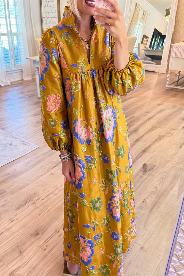 Floral Jacquard Stand Collar Balloon Sleeves Pockets Maxi Dress