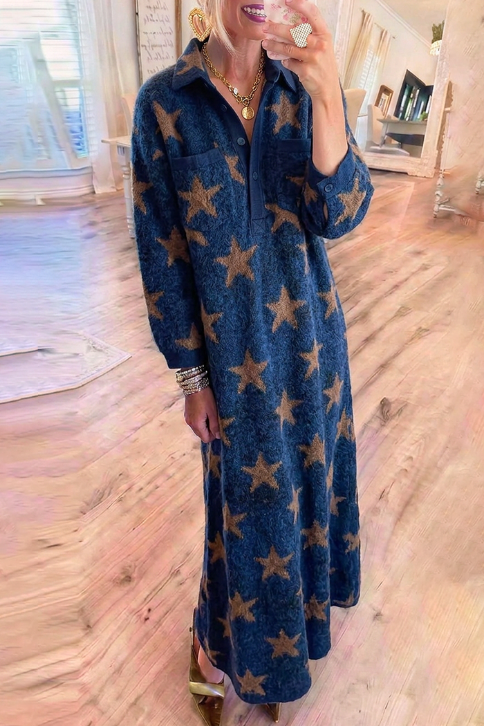 Navy Star Jacquard Knit Collared Pocket Maxi Dress
