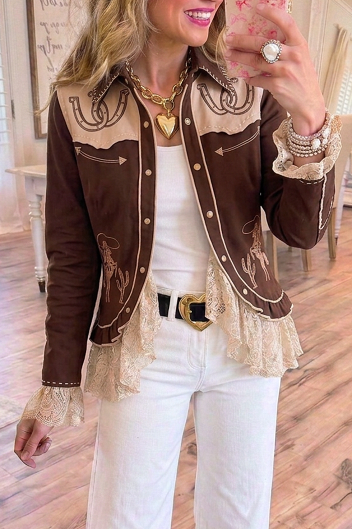 Brown Western Horseshoe Cowboy Motif Lace Hem Jacket
