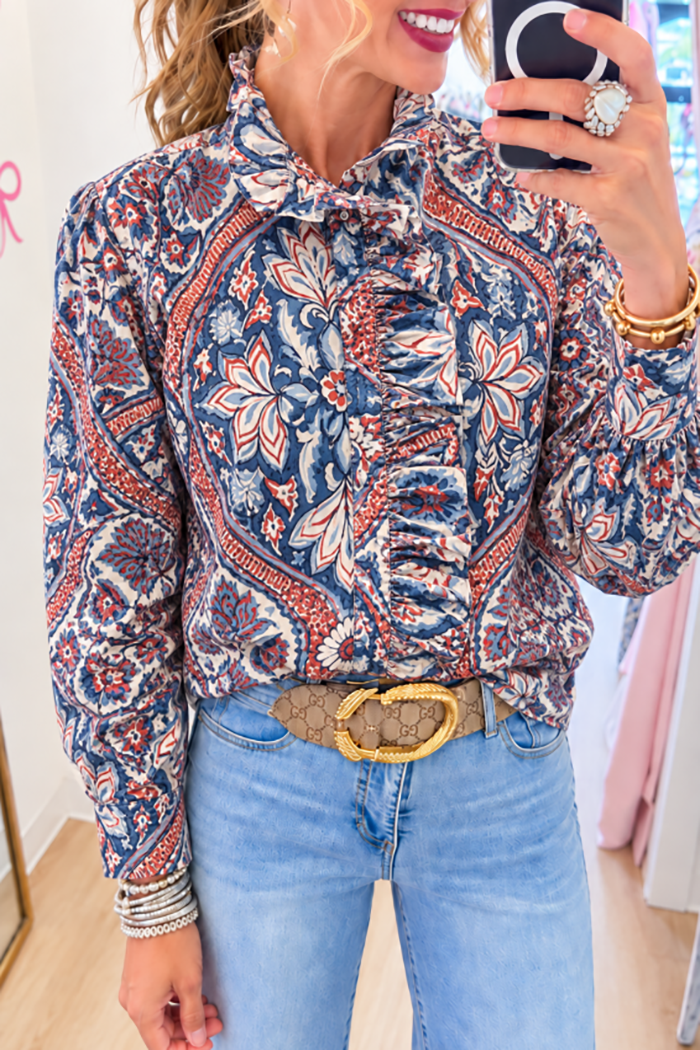 Ruffle Placket Medallion Print Shirt Top
