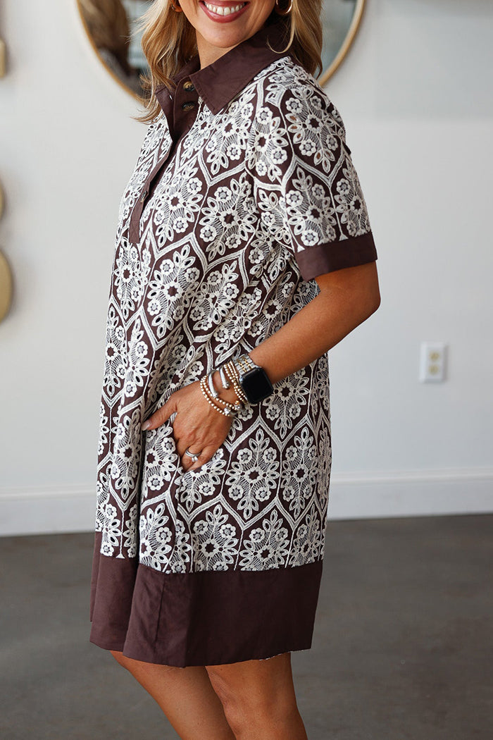 Embroidered Buttoned Pockets Dress