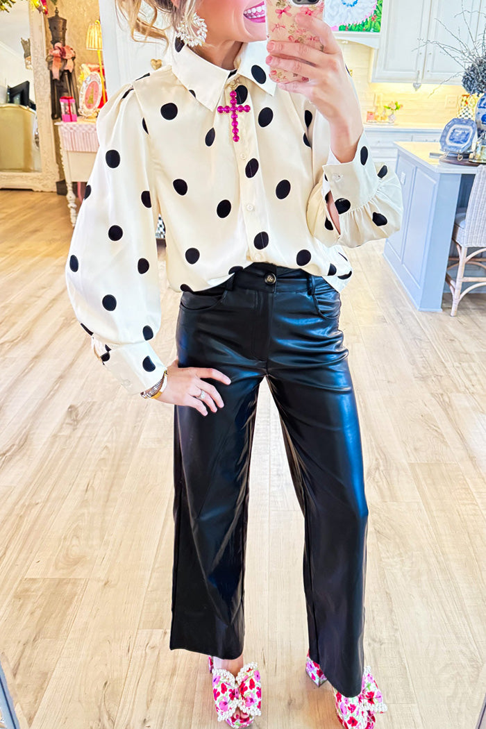 Polka Dot Satin Button Up Top