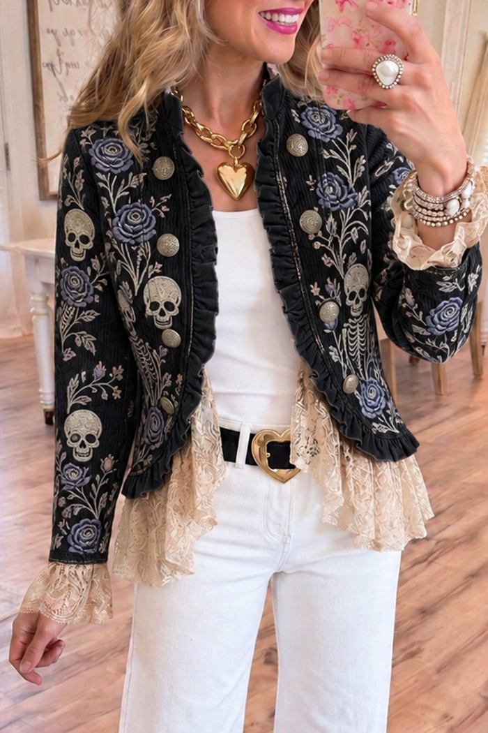 Black Skull Rose Embroidery Ruffle Jacket