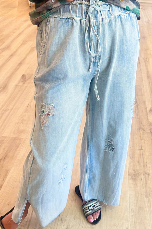 Denim Distressed Wide Leg Pants