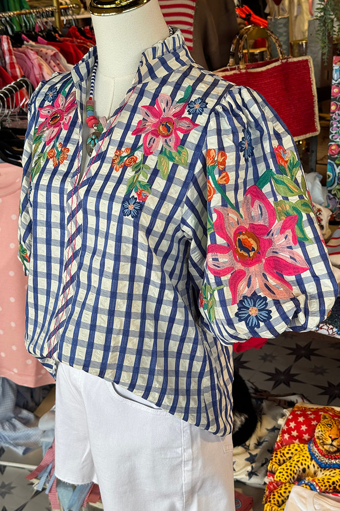Ruffle Neck Gingham Floral Top