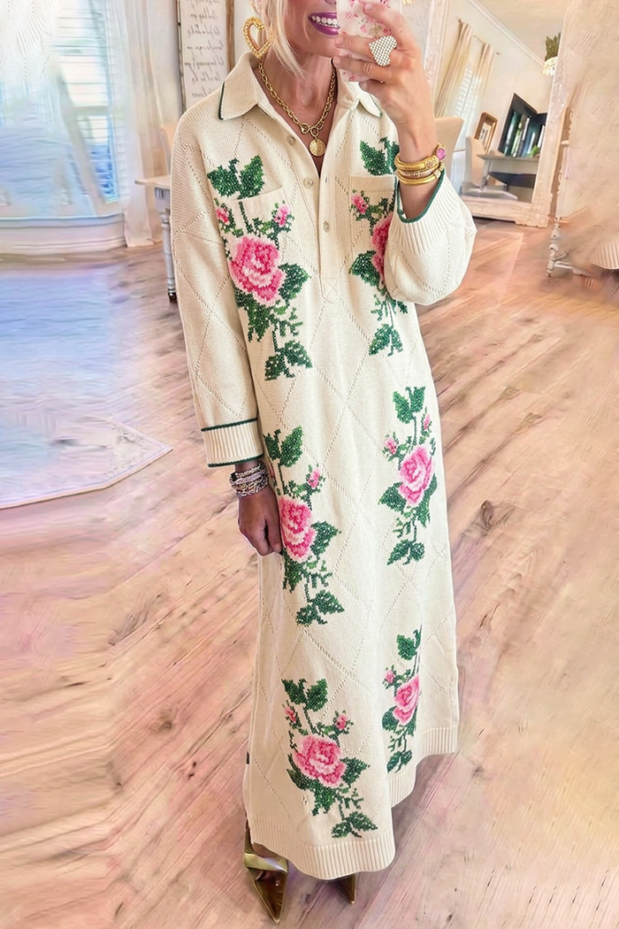 Floral Embroidery Knit Collared Half‑Button Chest Pocket Maxi Dress