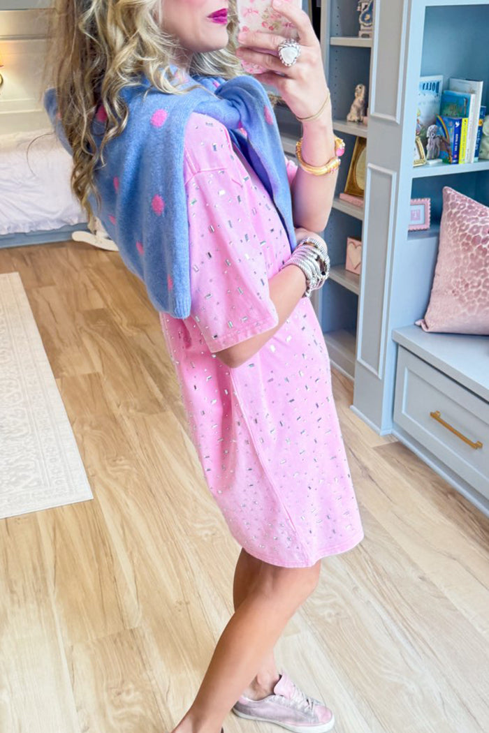 Short Sleeve Pink Jeweled Shirt Dress