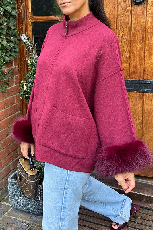 Faux Fur Cuff Pocket Knit Jacket