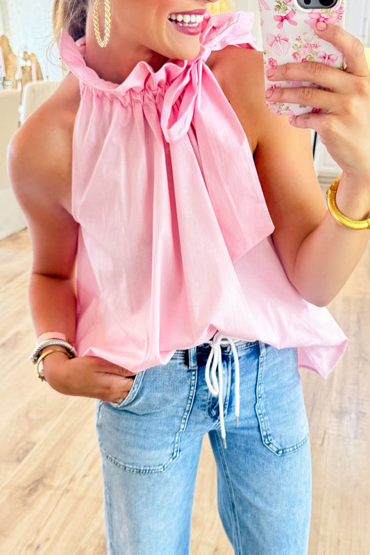 Ruffle Neck Tie Sleeveless Top