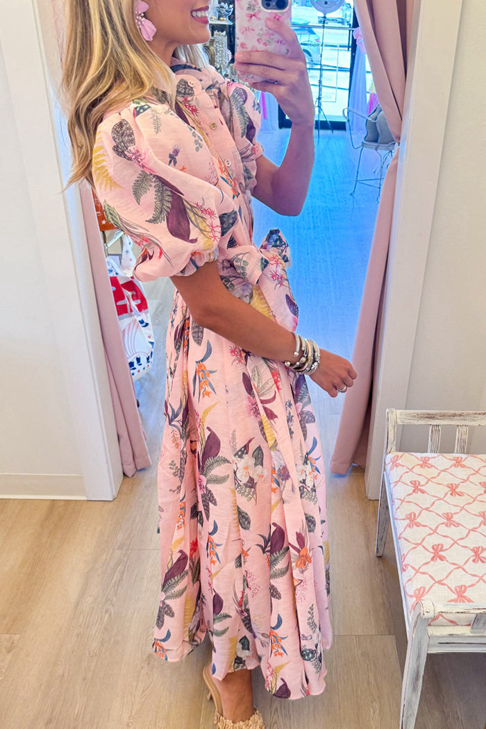 Pink Botanical Short Puff Sleeve Midi Shirtdress