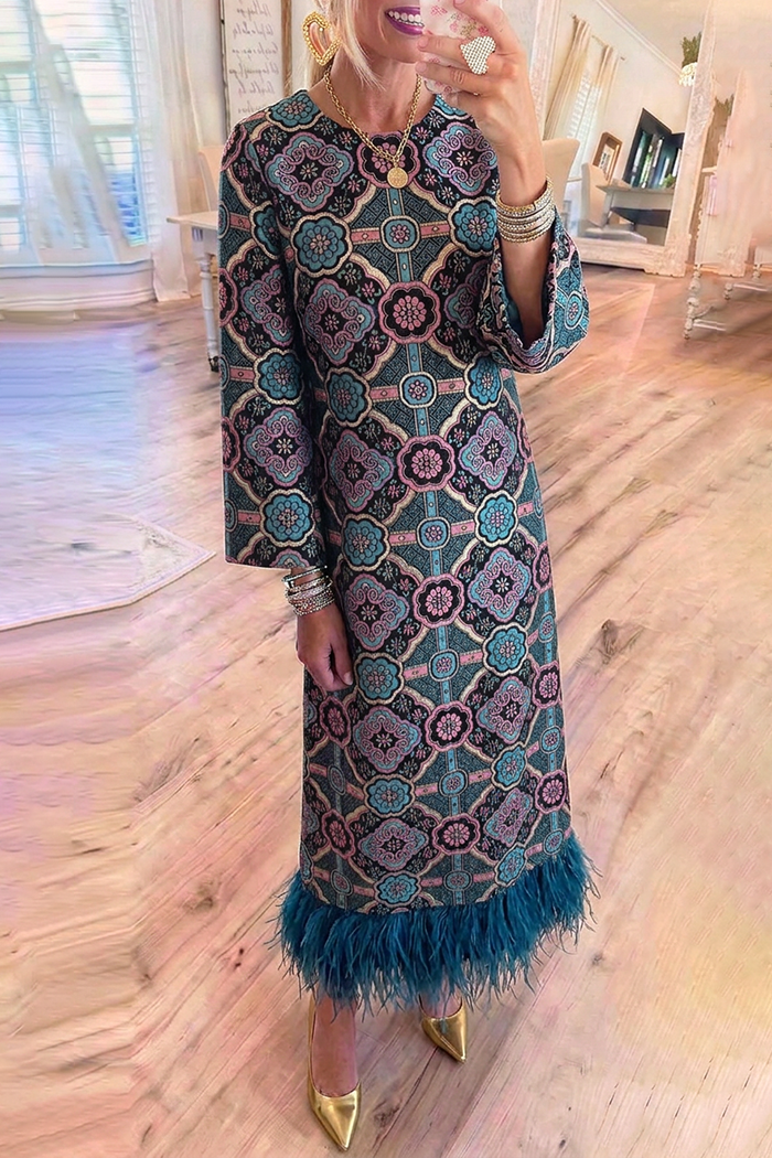Floral Jacquard Round Neck Feather Hem Pockets Maxi Dress