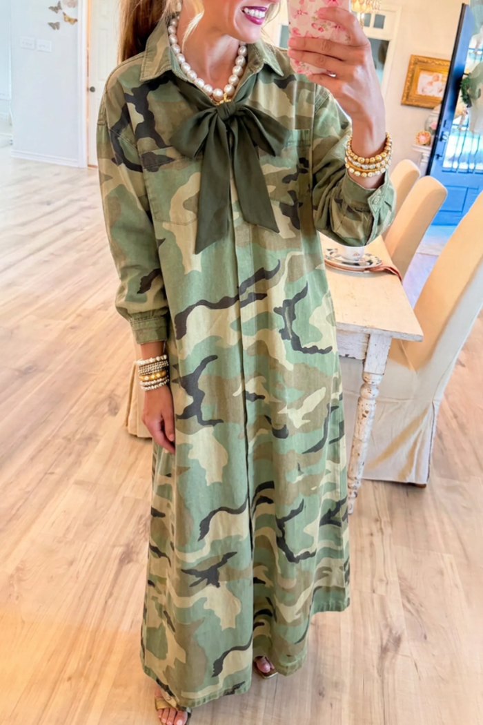 Collared Bow Neck Camo Pocket Maxi Dress