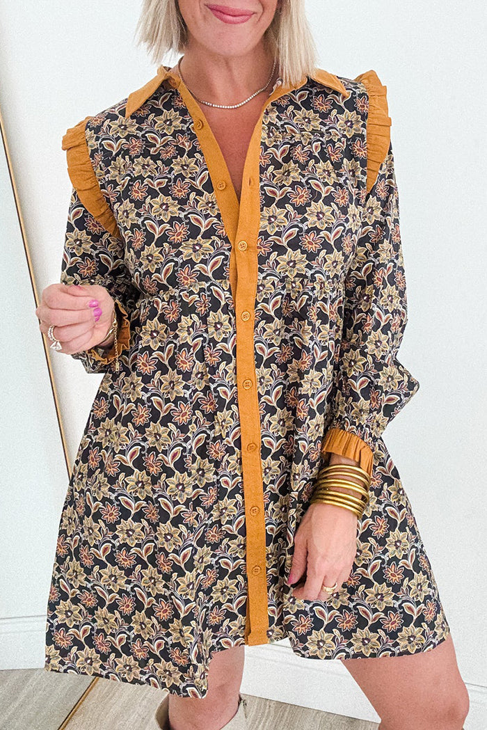 Floral Long Sleeve Button Pocket Dress