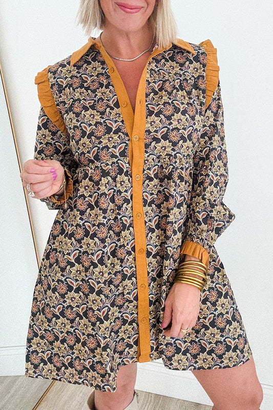 Floral Long Sleeve Button Pocket Dress