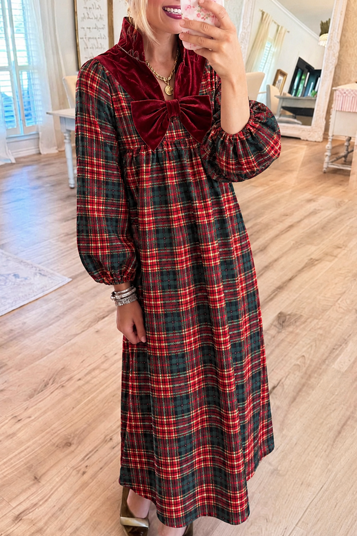 Christmas Plaid Velvet Bow Maxi Dress