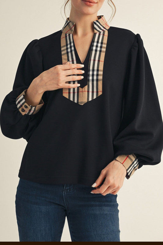 Plaid Contrast Accent Long Puff Sleeve Top