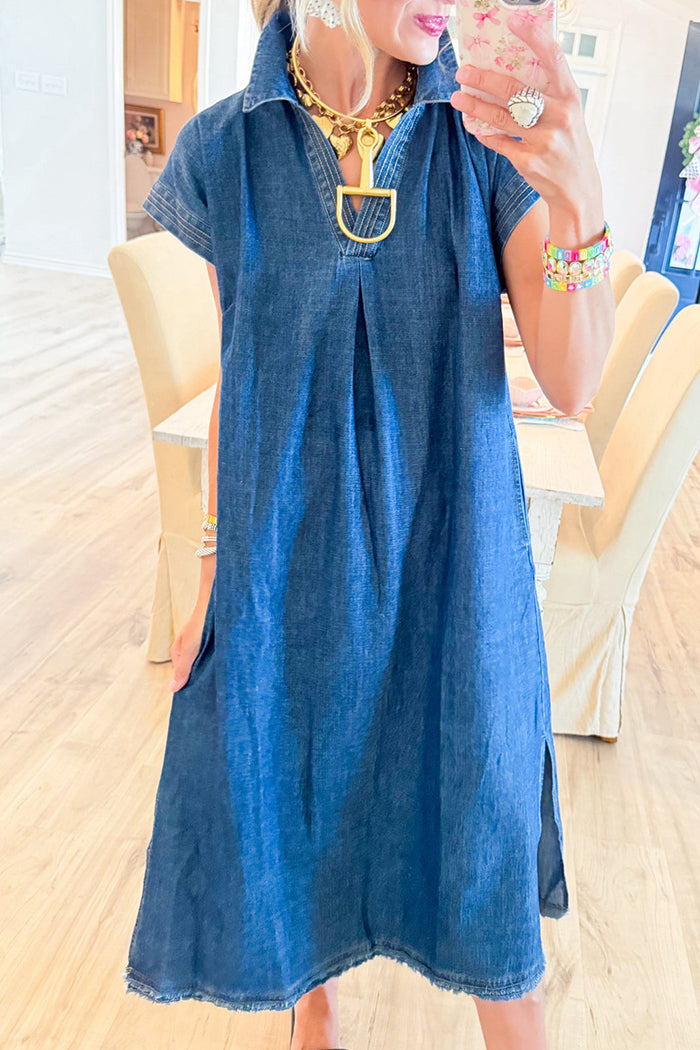 Denim Collared Pocket Midi Dress
