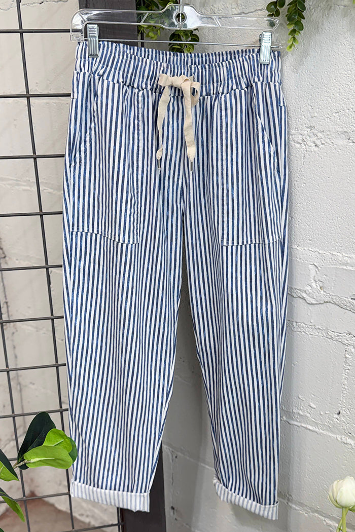 Blue Stripe Drawstring Cuffed Cropped Pants