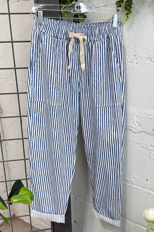 Blue Stripe Drawstring Cuffed Cropped Pants