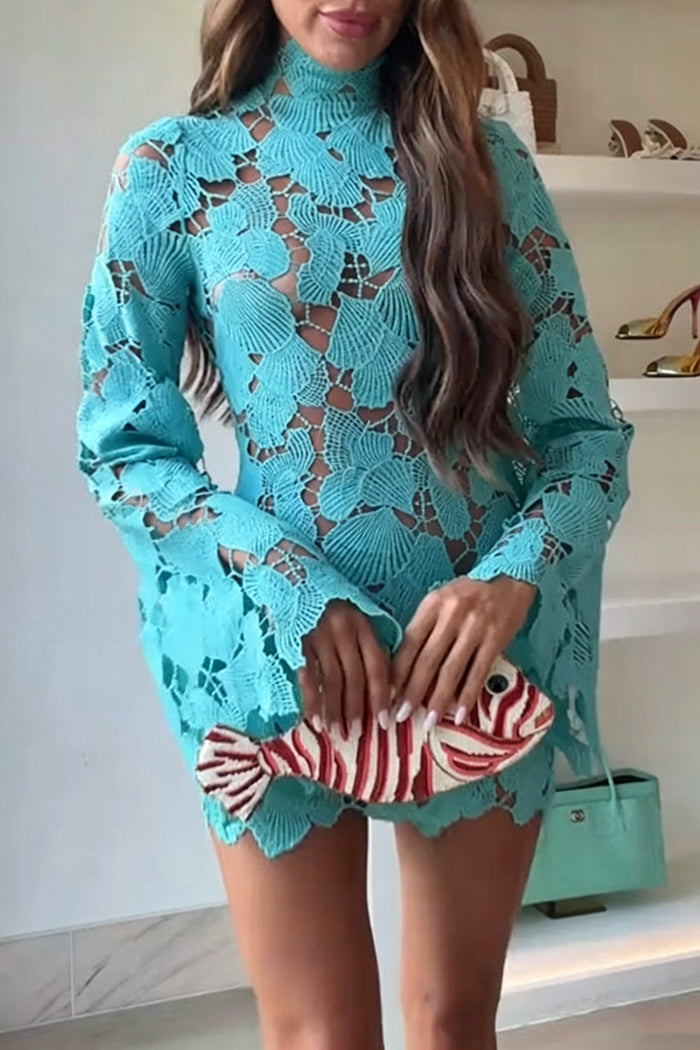 Floral Cutout High Neck Long Bell Sleeve Mini Dress