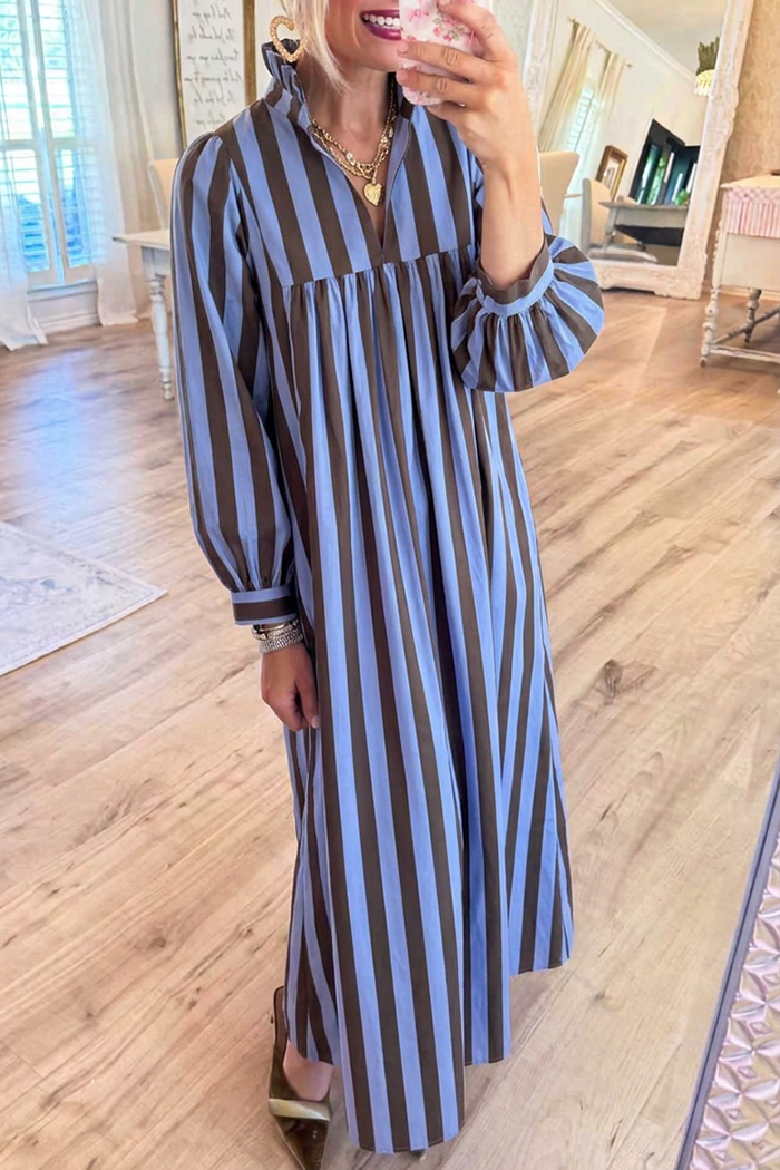 Vertical Stripe Ruffle Stand Neck Balloon Long Sleeves Maxi Dress