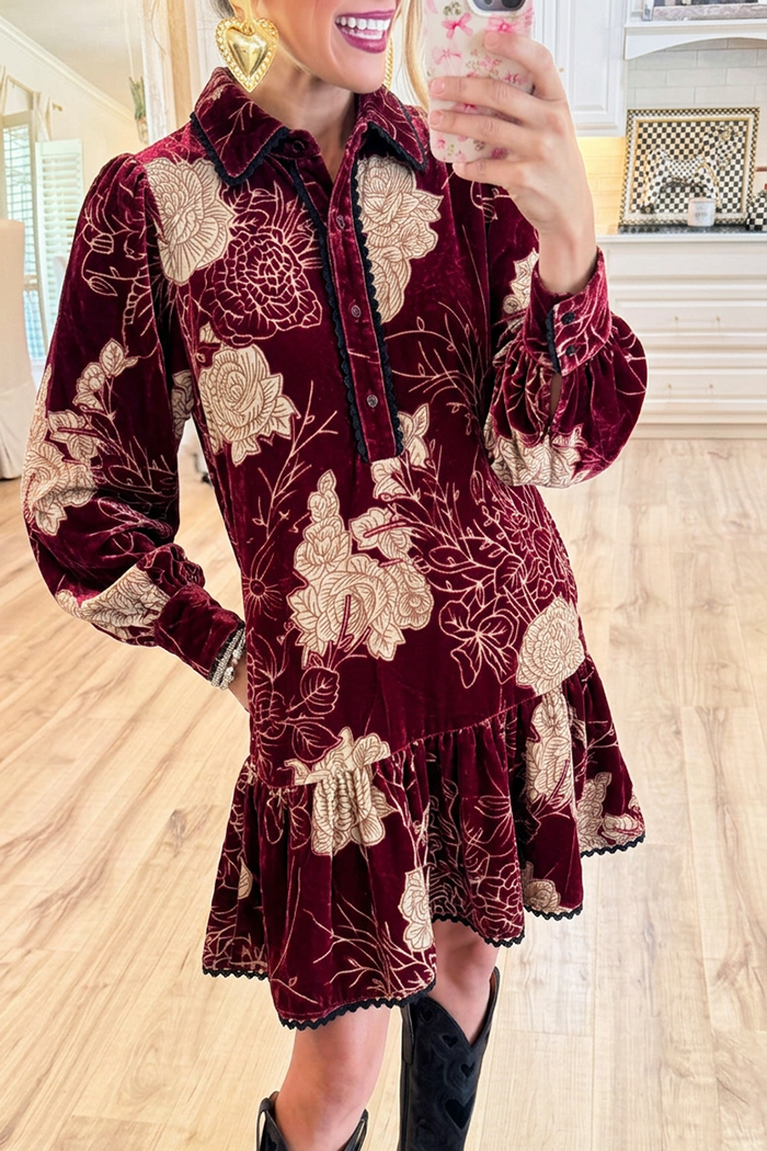 Velvet Floral Collared Half Button Pockets Ruffle Hem Dress