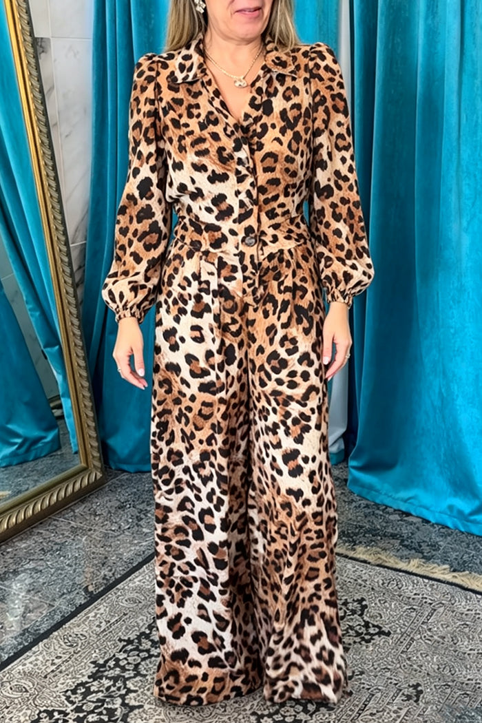 Leopard Button Down Wide Leg Jumpsuit