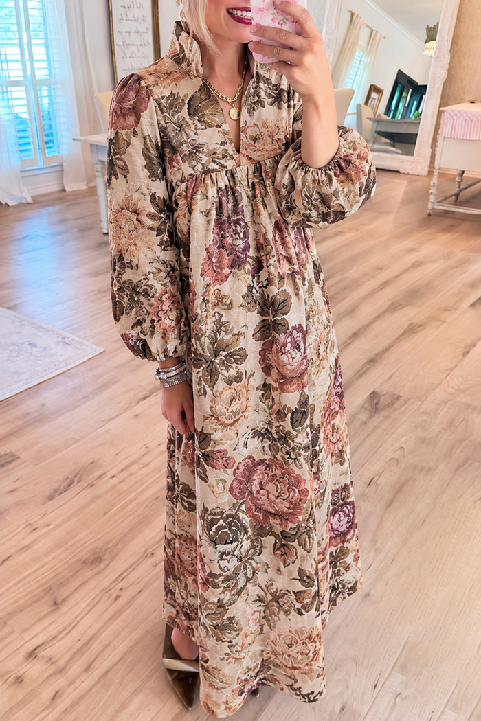 Beige Floral Puff Sleeve Maxi Dress