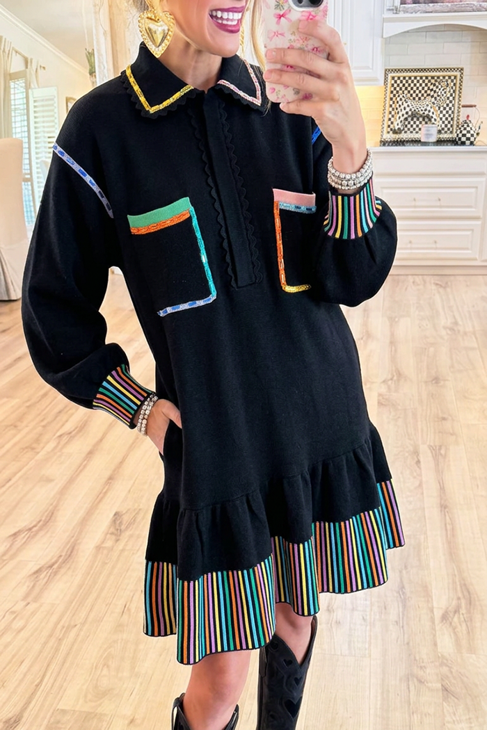 Black Colorful Ruffle‑Hem Knit Pocket Dress