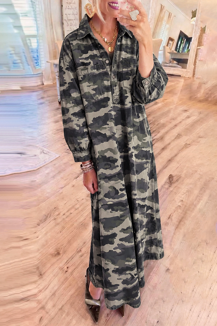 Camo Denim Pockets Maxi Dress