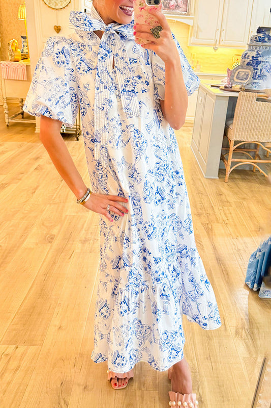 Short Puff Sleeve Printed Midi Dress
