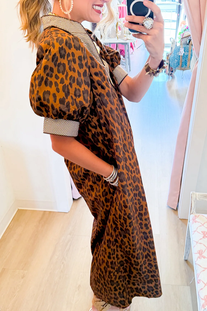 Brown Leopard Puff Sleeve Dress