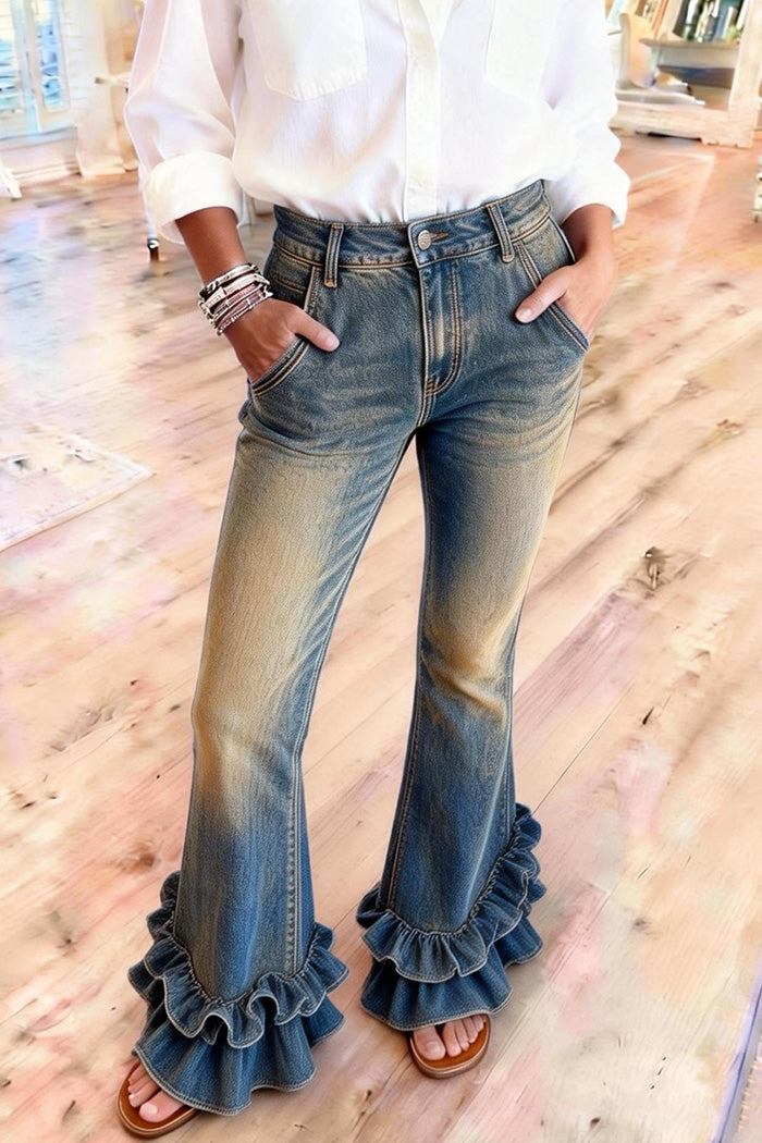 Ruffle Cuff Flare Denim Jeans