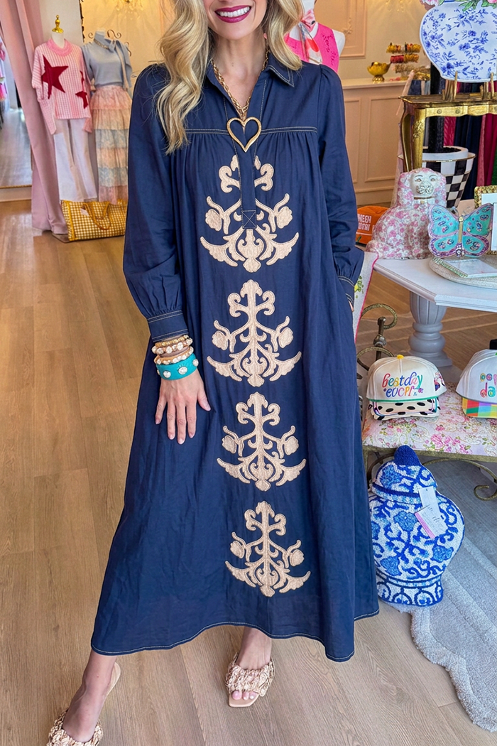 Pocket Denim Balloon Sleeve Maxi Dress