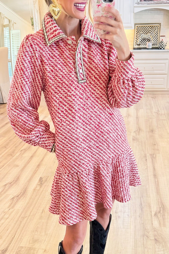 Red White Tweed Collared Pockets Flounce Hem Dress