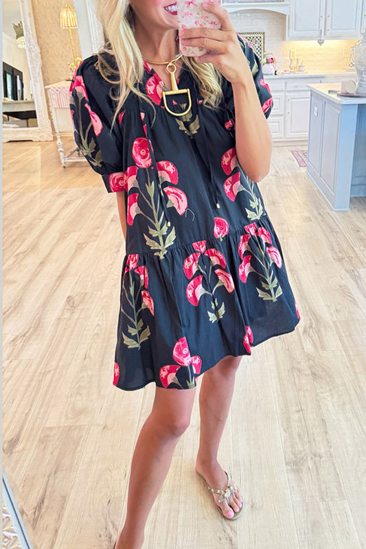 Puff Sleeve Pocket Floral Dress